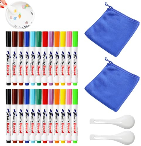 JFBNXB Kiddies Create Magical Floating Drawings Bundle, 24 Colorful Floating Pens for Kids with 2 Spoons and 2 Towels, Water Art Markers Set for Creative Play, Ideal Gift for Boys and Girls