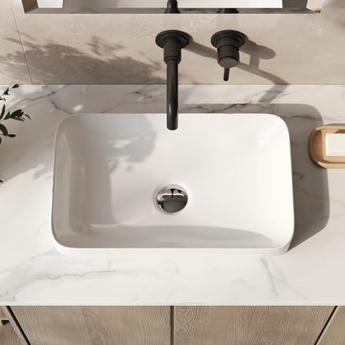 DeerValley White Semi Recessed Ceramic Bathroom Sink 49x30x12cm | Rectangular Vessel Basin, Bathroom Vanity Small Spaces, Cloakroom WC Use, Space-Saving Design, Easy Clean