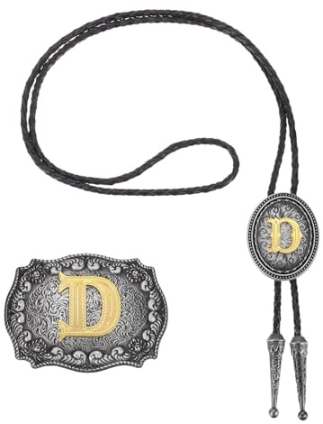 Kvartsman västerländsk cowboy bolo slips och bälte spänne set gyllene initialbokstav D oxläder rep slips för kvinnor män kostym traditionell vintage tillbehör grå svart/guld