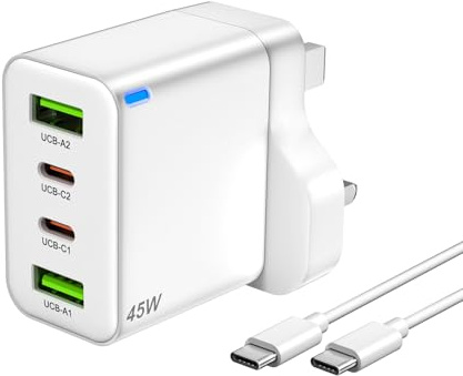 Bestwist 45W USB-C Fast Charger with 1m USB-C to C Cable, 4-Port (2 USB-C & 2 USB-A) Compact Wall Charger, Travel Adapter for iPhone 16, Samsung S25/S24 Series, MacBook Air, iPad Pro/Air (White)