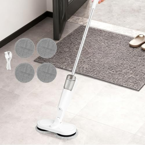 Elektrisches Rotations-Wischmopp Kabellos - 60 Min. Laufzeit Bodenreiniger mit 200 ml Wassertank, Leichtes Boden-Scheuer- & Poliergerät für Holz-, Fliesen-, Laminat- & Vinylböden