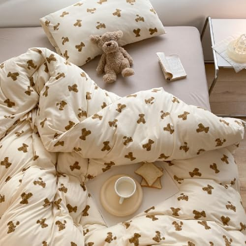 Lanqinglv Bär Bettwäsche 135x200 Bärchen Braun Beige,Kinder Bettwäscheset | ÖKO-TEX Zertifiziert,für Allergiker Mädchen,Microfaser Aesthetic Bettbezug mit Reißverschluss und 1 Kissenbezug 80x80