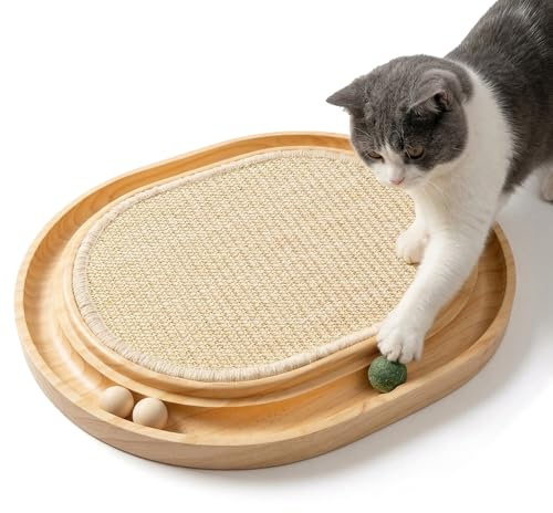 ITClosud Kratzbrett Katze 43x33x3cm, 2-IN-1 Katzen Spielzeug, Massives Kiefernholz & Natürliche Sisal Pad & Katzenminzekugeln, Langlebige Kätzchen Kratzmatte für Alle Katzen Spielen, Entspannen