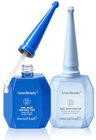 AZUREBEAUTY Nagelkleber Für Kunstnäge 6 in 1 und Dehydrator für Nägel 2x11 ML, Nail Glue Für Press On Nail Glue Gel For Nail Tips Nagelkleber Gel Für Fake Nails-Brauchen Ausharten Unter UV Nagellampe
