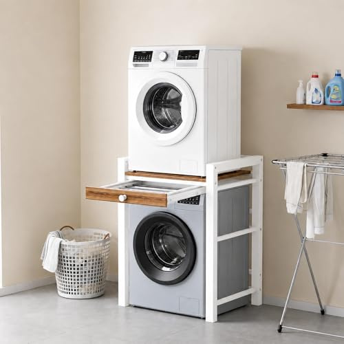 Colonna per asciugatrice, lavatrice e asciugatrice sovrapposte, ripiani per lavatrice, portata 300 kg, armadio per asciugatrice sopra per bagno, cucina, balcone, lavanderia (bianco con cassetti)