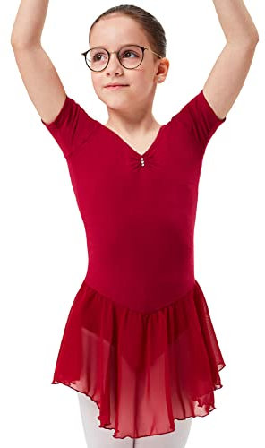 tanzmuster ® Ballettkleid Mädchen Kurzarm - Betty - aus Baumwolle mit Glitzersteinen und Chiffon Röckchen in Burgunder, Größe:140/146