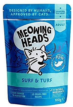 Meowing Heads Wet Cat Food - Surf & Turf - 93% Natural Fish, Chicken & Beef Pouches with No Artificial Flavours, Grain-Free Recipe (10 x 100 g)
