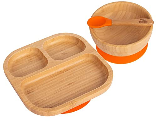 Tiny Dining Restauración de los niños pequeños de bambú Conjunto de Vajilla - Plato, Tazón Cuchara con quedarán Donde están succión - Naranja