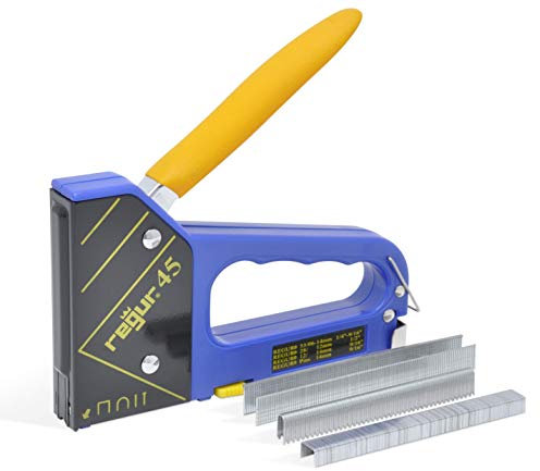 REGUR 45 Handtacker - 4-in-1 Multifunktions-Tacker verarbeitet Feindraht-Klammern, Bogen-Klammern, Tackernägel und Pins zur Befestigung von Zier-Leisten, Kabeln, Stoffen u.v.m. inkl. Starterset