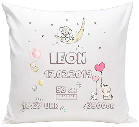 Personalisiertes Kissen mit Namen Baby-Geschenk zur Geburt Taufe für Mädchen Jungen Neugeborene mit Geburtsdaten und Namen & Datum (mit Füllung) Kaninchen [095]