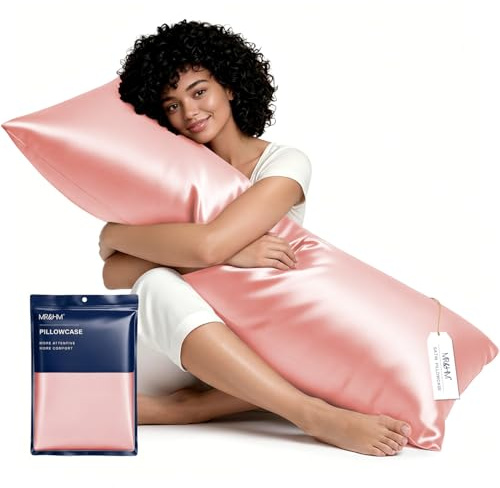 MR&HM Satin Body Pillow Cover, Soft and Breathable Body Pillow Case with Envelope Closure, Cooling and Silky Long Pillowcase for Hair and Skin,Grey (20x54, Blush)