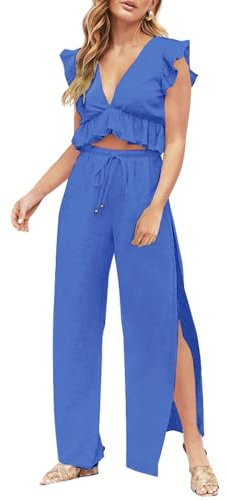 FANCYINN Jumpsuit Damen Zweiteiler 2 Teiler Crop Top Sexy V-Ausschnitt Hose mit Seitenschlitz Kordelzug Sommer Strand Urlaub Lässig Outfits Königsblau L