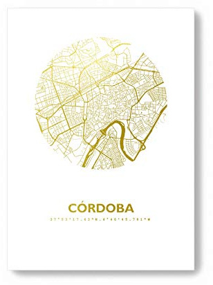 Cordoba Spanien Karte - Personaliserte Stadtplan Poster Rund in S/W Rose Gold Silber Kupfer - A4 A3 - Stilsichere Wandbilder Geschenke Arbeitszimmer Wohnzimmer Andenken Heimatstadt