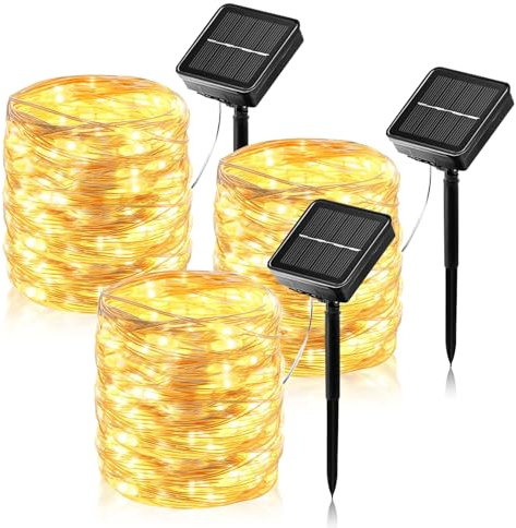 【3 Packs】Luces Solares LED Exterior Jardín, 12M 120LED Guirnaldas Luces Exterior Solar, 8 Modos de Luz a Prueba de Agua Cadena Jardín para Decoracion Arbol, Blanco Cálido