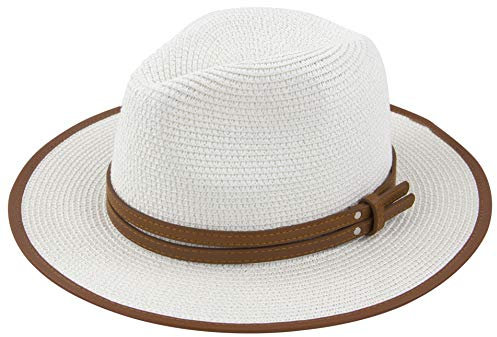 Muryobao Womens Wide Brim Straw Panama Foldable Hat Fedora Summer Beach Sun Hat UPF50+ - white - One Size