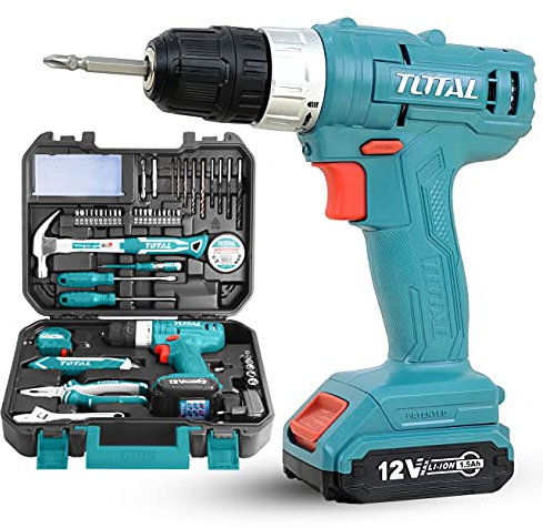 TOTAL - Kit Trapano avvitatore e 127 accessori in valigetta con batteria agli ioni di litio da 12 V