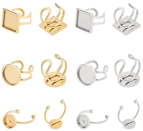 UNICRAFTALE 12Pcs 3 Styles Edelstahl Cabochon Ringe Rohlinge Cuff Pad Ring Einstellungen 8 Größe Edelstahl Ringrohlinge Einstellbare Runde Und Quadratische Fingerring Rohlinge Für Schmuckherstellung