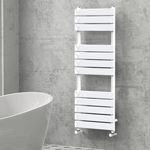 NRG Bathroom Flat Panel Heated Towel Rail Radiator 1200×450mm Gloss White | Central Heating Warmer Ladder, Designer Radiator Wall Mounted, Radiator Towel Rack, Steel, for Bathroom