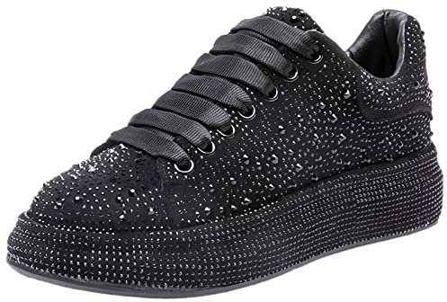 ANUFER Women's Fashion Thick Sole Sneakers Glitter Gradient Colors Rhinestones Lace-Up Casual Sports Shoes Black SN070629 EU41
