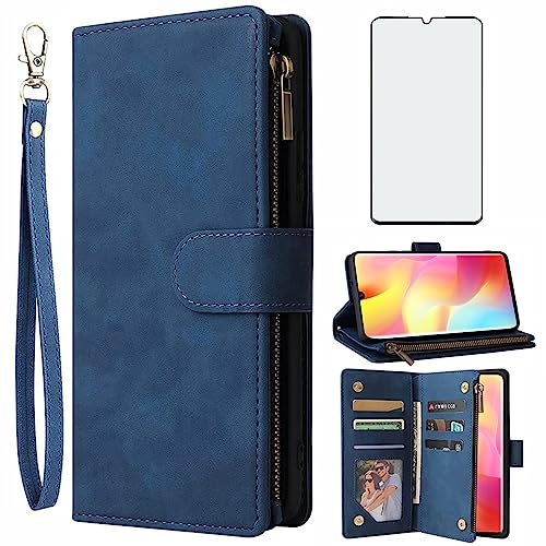 Asuwish Handyhülle für Xiaomi Mi Note 10 Lite Hülle mit Folie Schutzfolie und Kartenfach Klappbar Leder Geldbörse Ständer Reißverschluss Note10 10Lite M2002F4LG Hüllen Schutzhülle Phone Case Blau