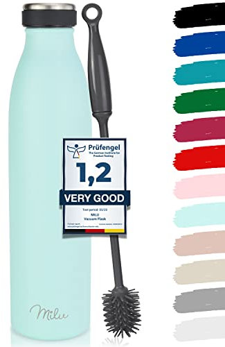 Milu Botella de acero inoxidable 350ml 500ml 750ml 1 L 1,5 L botella de agua aislada, botella aislante a prueba de fugas, doble pared, apta para ácido carbónico + cepillo de limpieza (Menta, 1,5 L)