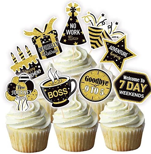36 Pcs Happy Retirement Cupcake Toppers - NO DIY - Retired Cupcake Picks Retirement Theme Party Cake Decorations Gold Glitter