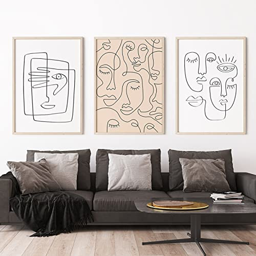 BROLEO Kunstdruck mit einzeiligem Gesicht minimalistisches Poster Frauengesicht eine Strichzeichnung neutrale Wandkunst Leinwandgemälde Wanddekoration für Zuhause/ohne Rahmen 30 x 40 cm x 3 Stück
