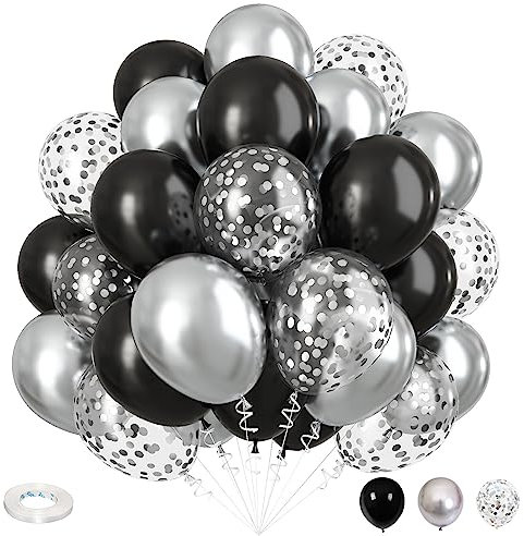 Black and Silver Balloons Set, 12 Inch Metallic Silver Black Confetti Latex Balloons, Silver Black Birthday Party Helium Balloons for Men Boys Baby Shower Wedding Graduation New Year Party Decorations
