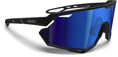 BERTONI Radfahren MTB Lauf Sportbrille für Männer Frauen in TR90 Antibeschlag Weitwinkelobjektiv mod. ALPHA (Matt Schwarz/Glänzendes Schwarz – Blaue Spiegellinse)