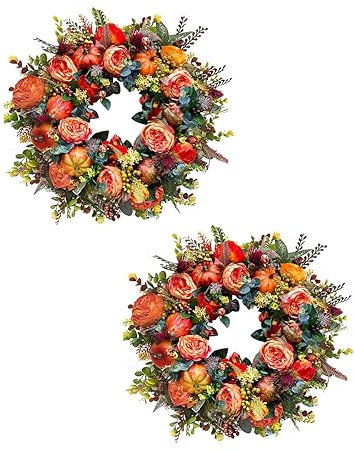 InOmak Corona di peonia Autunnale e Zucca, Ghirlanda Tutto L'Anno, ghirlande Autunnali per Porta d'ingresso all'Esterno, Decorazioni Autunnali per Portico Domestico, Grande Corona Autunnale (2PCS)