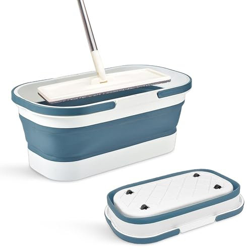 Collapsible Mop Bucket with Handle - 12L/3.17 Gallon Small Foldable Bucket with Wheels for House Cleaning/Car Washing/Camping Portable Rectangular Handy Basket Plastic Bucket for Cleaning Mop (Blue)