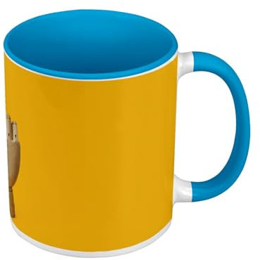 Mug de Couleur Qualité Premium Bleu - Main Articulée Bois Modèle Dessin Croquis Index Levé Fond Jaune Moutarde - Tasse avec anse et intérieur de couleur