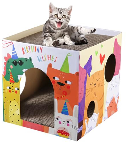 awakentti Cardboard Cat House, Pet Play House with Removable Scratching Board, Double-Layer Vertical Cat Scratcher House for Kittens, Hamsters, Chinchillas, and Rabbits (A)
