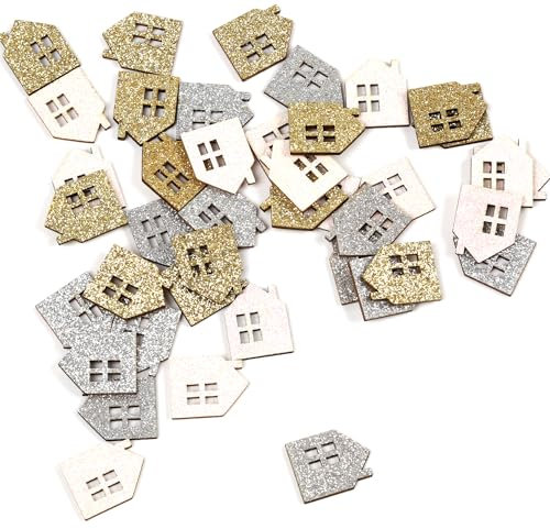 Oblique Unique® Holz Streudeko Weihnachtsmotive Winter Glitzer Tisch Deko für Advent Weihnachten Weihnachtsdeko (Glitzerhäuser)