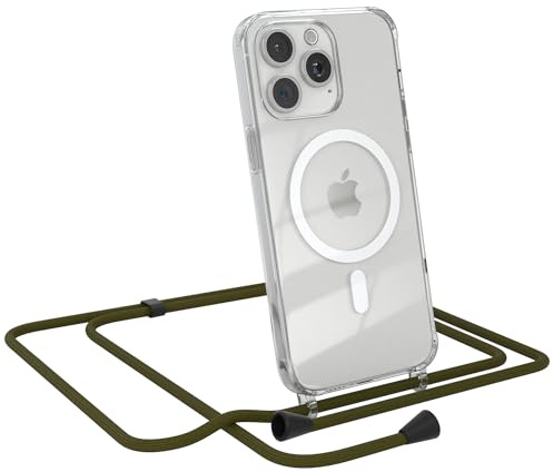 EAZY CASE - Handykette kompatibel mit iPhone 15 Pro Max Kette zum Umhängen Stoßfest Handyhülle für iPhone 15 Pro Max Silikon Hülle mit Band Transparent als Fallschutz in Grün - Clips Schwarz