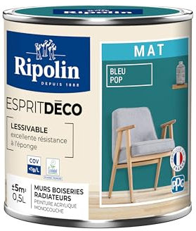 RIPOLIN - Peinture Intérieure Multi-Supports – Murs, Boiseries & Radiateurs – Ultra Couvrante – Lessivable – Application Facile – Ecolabel - Aspect Mat - 0,5L - Bleu Pop