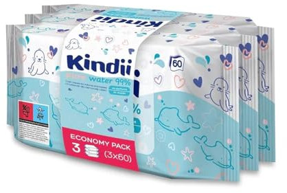 Kindii Pure Water Lot de 3 lingettes humides à 99% – Lot de 3 x 60 à 180 lingettes | Pour bébés et tout-petits | 0 mois et plus | Testées dermatologiquement | Sans parfum