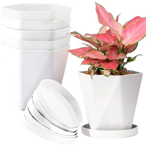 InmeRun Plant Pots Indoor Plastic Flower Pots Outdoor 5 inch Set of 6 Pack with Drainage Holes and Saucers for Garden pots (6.8inch-6white)