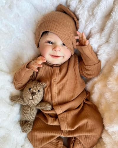 RXDOLL Realistische Neugeborene Baby Puppen Lächelnder Junge 18 Zoll Lebensechte Reborn Baby Puppen Augen offen Reborn Babys, die echt Aussehen Weicher Stoff Körper Reborn Bebe Puppe