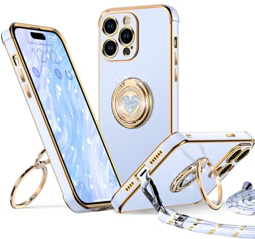 XYZ for iPhone 15 Pro Case with Stand, Heart Lanyard for Girls Women, Luxury Cute Bling Protective Phone Cover for iPhone 15 Pro, Blue