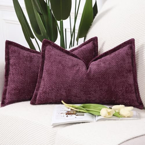 Madizz 2er Set Chenille Samt mit Rand Kissenbezüge Weiche Dekorativ Zierkissenbezüge Modern Kissenhülle für Sofa Wohnzimmer Schlafzimmer Burgunderrot 40x80 cm