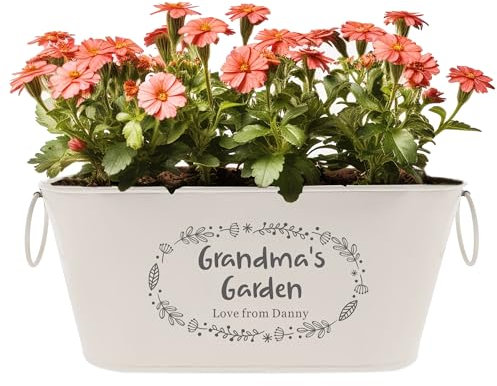 EDSG Personalised Plant Pot Engraved Metal Flower Pot Planter Garden Plant Pots Outdoor with Rings Gardening Gifts for Women Her Nanny Railing Balcony Anniversary Wedding Birthday(White, Design 2)