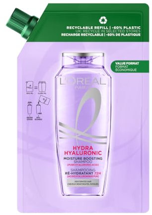 L’Oréal Paris Elvive Hydra Hyaluronic Moisture Boosting Shampoo Refill Pouch, with Hyaluronic Acid, for Dry & Dehydrated Hair, Suitable for all hair textures, -60% plastic, Value format, 500ml