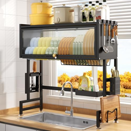 Qidordour Scolapiatti sopra il lavello, design a scatto, 3 ripiani grandi con coperchio, scolapiatti per lavello da cucina, nero (85 cm W)