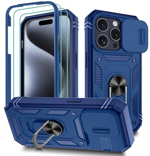 Pilaru 3 in 1 for iPhone 15 Pro Case with Front Frame [2 Separate Screen Protectors] & Kickstand Ring & Camera Cover Military Grade Drop Shockproof Protection for iPhone 15 Pro Phone,Blue