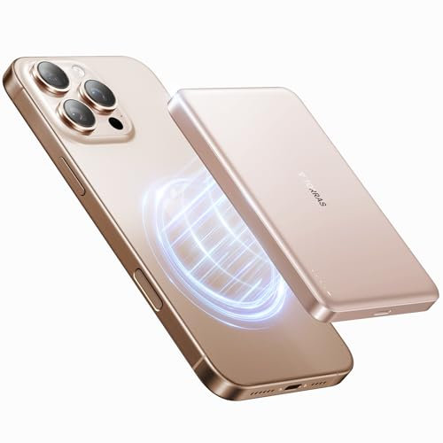 TORRAS Gold Power bank for MagSafe (MiniMag), 10000mAh Fast Charging Magnetic Battery Pack Slim, Wireless Portable Charger with USB-C Cable for iPhone 16 Pro Max/15/14/13/12, Desert Titanium