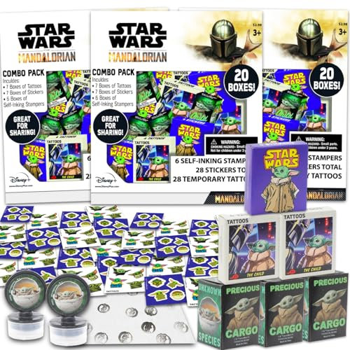 STAR WARS Baby-Yoda-Partygeschenk-Set ~ Paket mit 60 Stück Mandalorianischen Geschenkboxen mit Aufklebern, Tattoos und Stempeln für Kindergeburtstag, Party, Klassenzimmer, Preisboxen