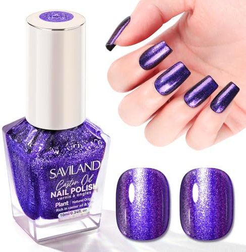 SAVILAND Blue Purple Chameleon Nail Polish: 7 Days Shimmer Holographic Glitter Fingernail Polish Nail Varnish Quick Dry Plant-Based Castor Oil Blue to Purple 10 ml Nail Lacquer for Beginner Nail Art