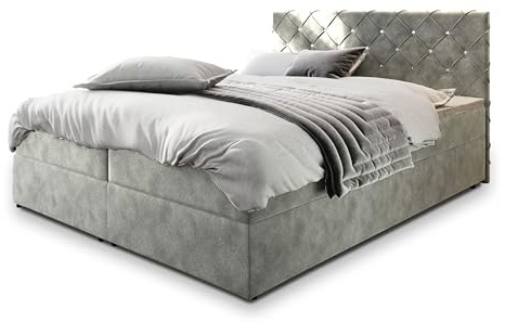 Masseno Boxspringbett Riva 140x200 cm Komplett-Set mit Matratze und Topper, Polsterbett mit Zwei Bettkästen -Hellgrau, Magic Velvet 2240