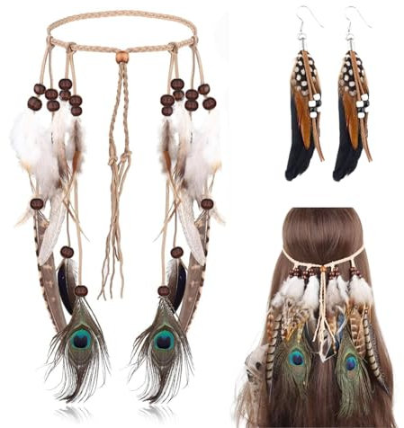 Lyivisk 2 Stück Indianer Kostüm Damen Set Hippie Boho Feder Kopfschmuck und Ohrringe Handgefertigt Ideal für Karneval Cosplay und Täglichen Gebrauch